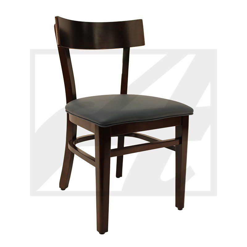 Dark wooden dining chair with a cushioned black seat and a curved backrest.