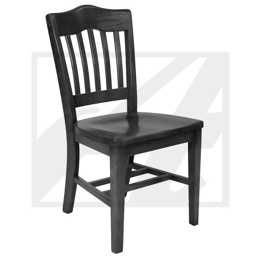 A classic black wooden chair with vertical slats on the backrest.