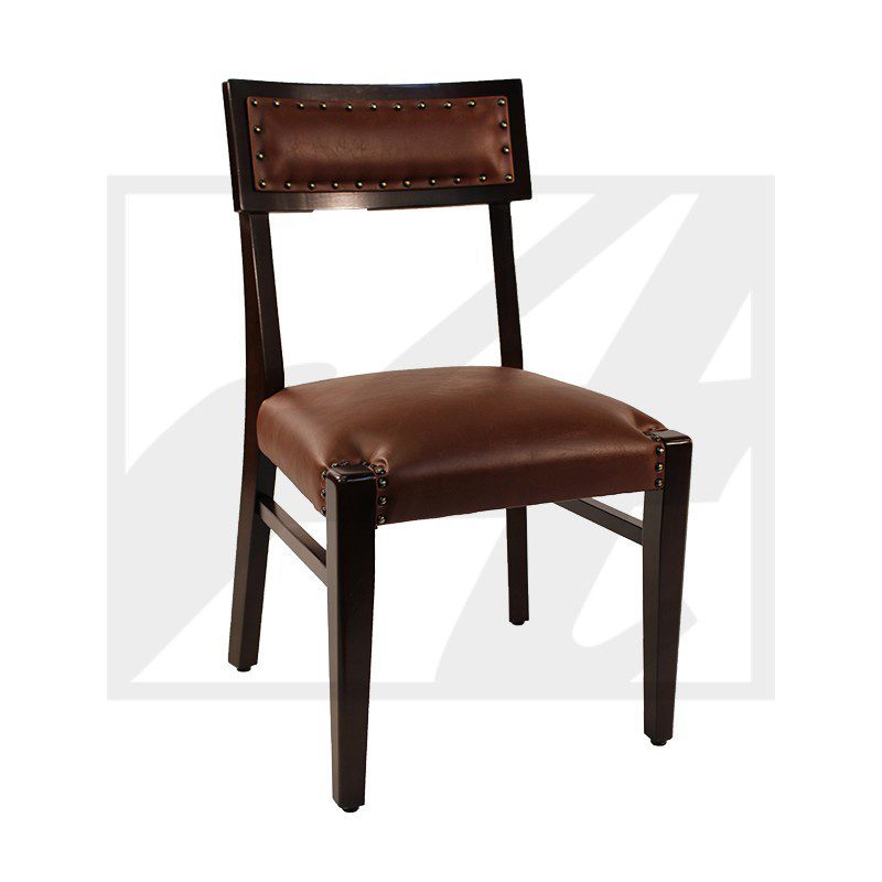 Wooden chair with leather seat and backrest.