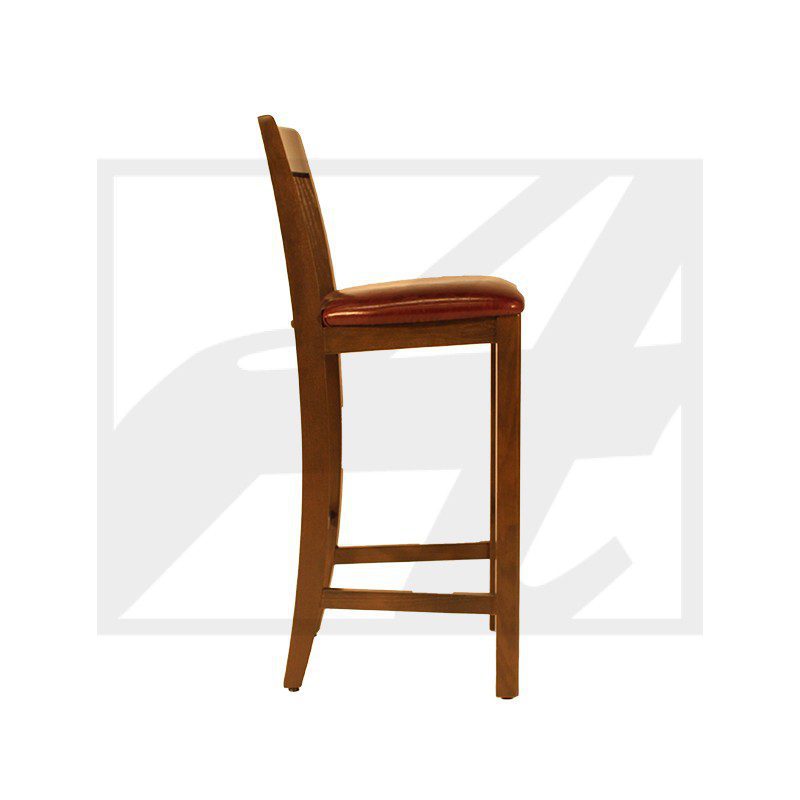 Side view of a wooden bar stool with a cushioned seat and backrest.