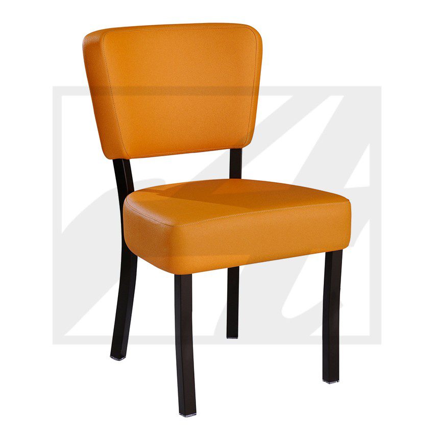 Modern orange upholstered chair with black legs and back support.