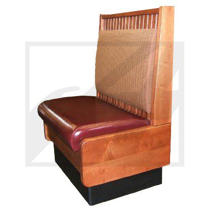 Wooden bench booth with red cushioned seat and tall backrest.