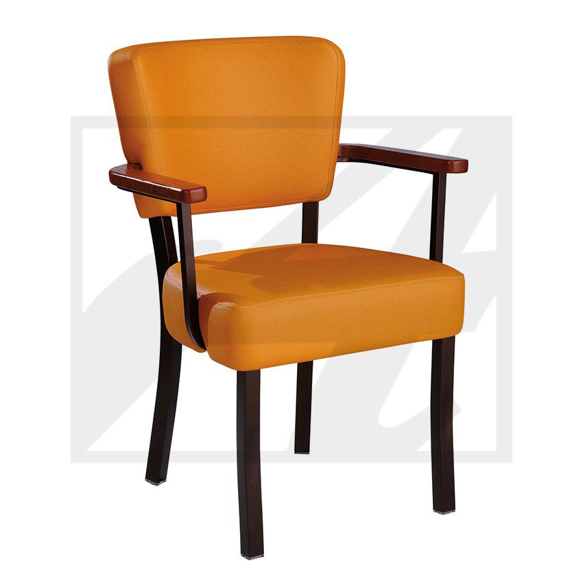 Orange cushioned armchair with wooden frame and legs.