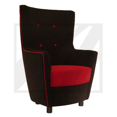 Elegant black armchair with red cushions and red accents.