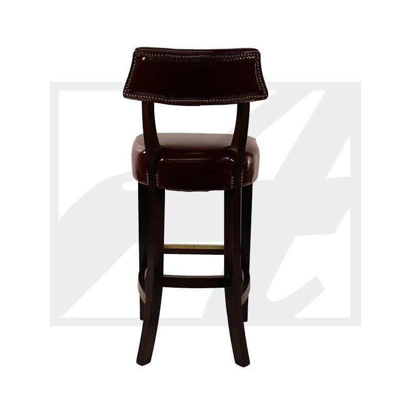 Dark wooden bar stool with a backrest and footrest.