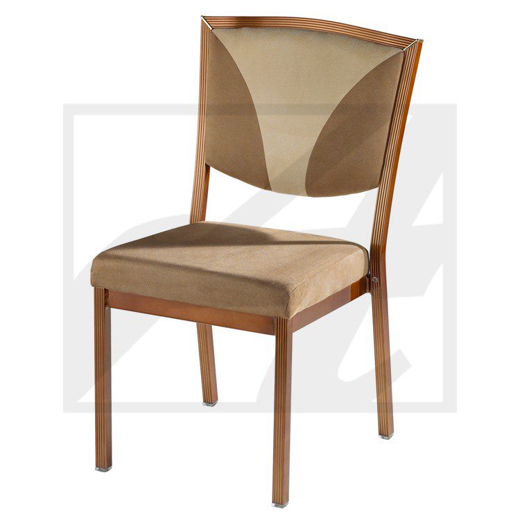 Wooden chair with a cushioned seat and mesh backrest.