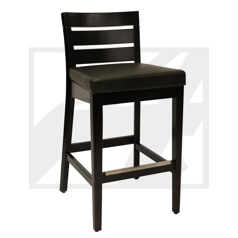 Dark wooden bar stool with cushioned seat and backrest.