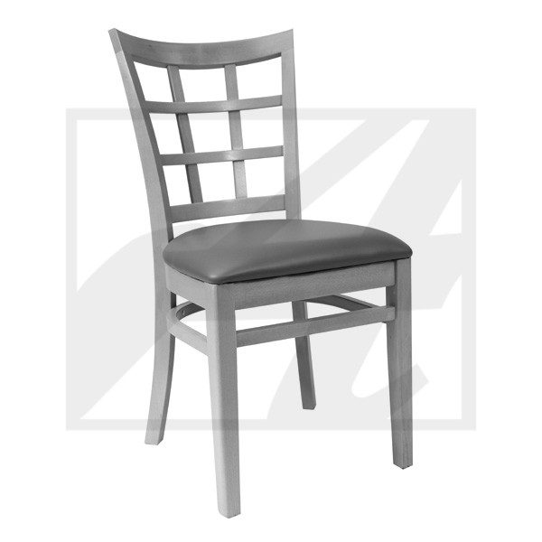 Wooden chair with a cushioned seat and lattice backrest.