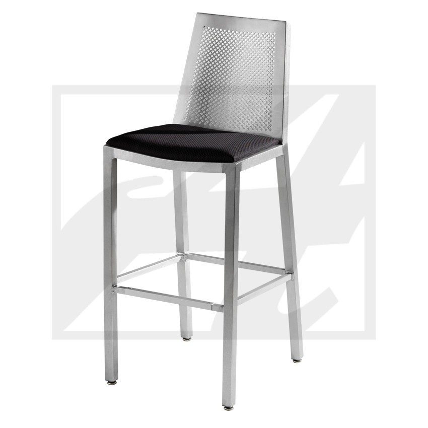 Modern transparent bar stool with black cushion and metal legs.