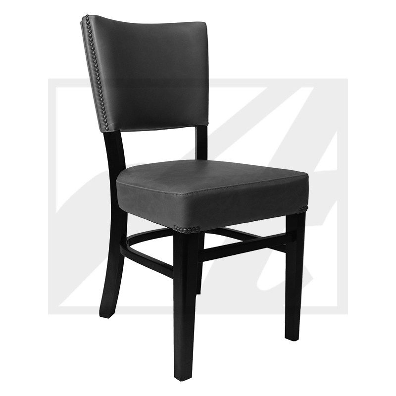 Black wooden chair with cushioned seat and backrest.
