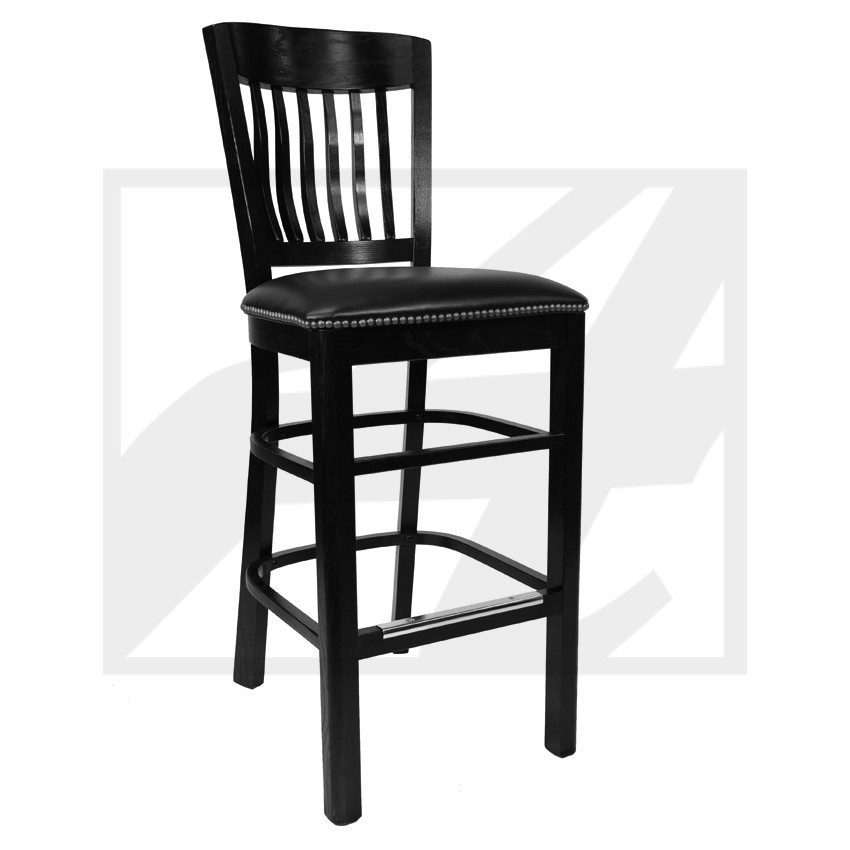 Tall black wooden bar stool with a slatted backrest and footrest.