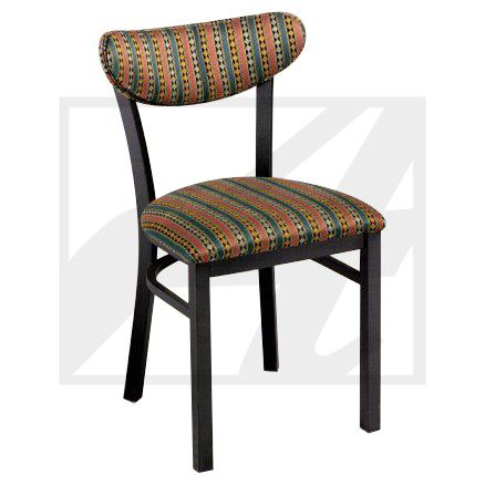 Chair with black frame and patterned upholstery.