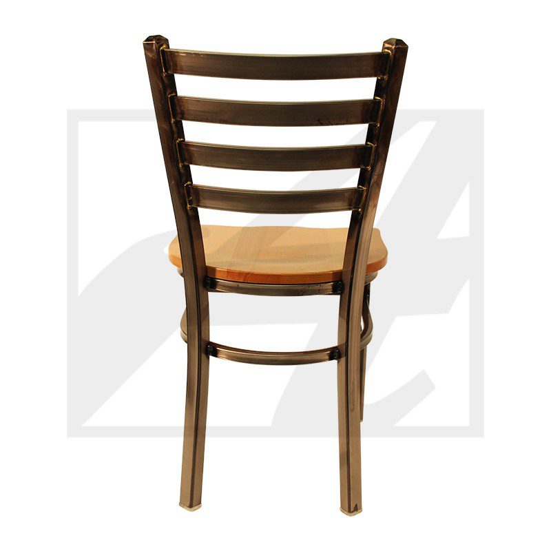 Back view of a wooden chair with horizontal slats and a curved seat.