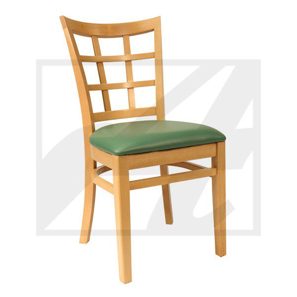 Wooden chair with green cushioned seat and lattice backrest.