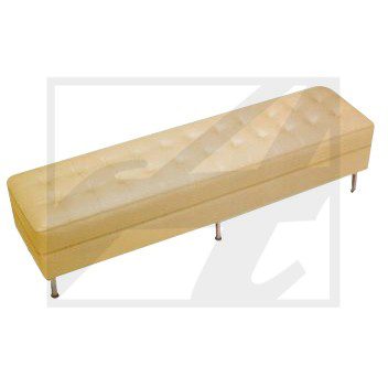 Rectangular wooden bench with metal legs against a white background.