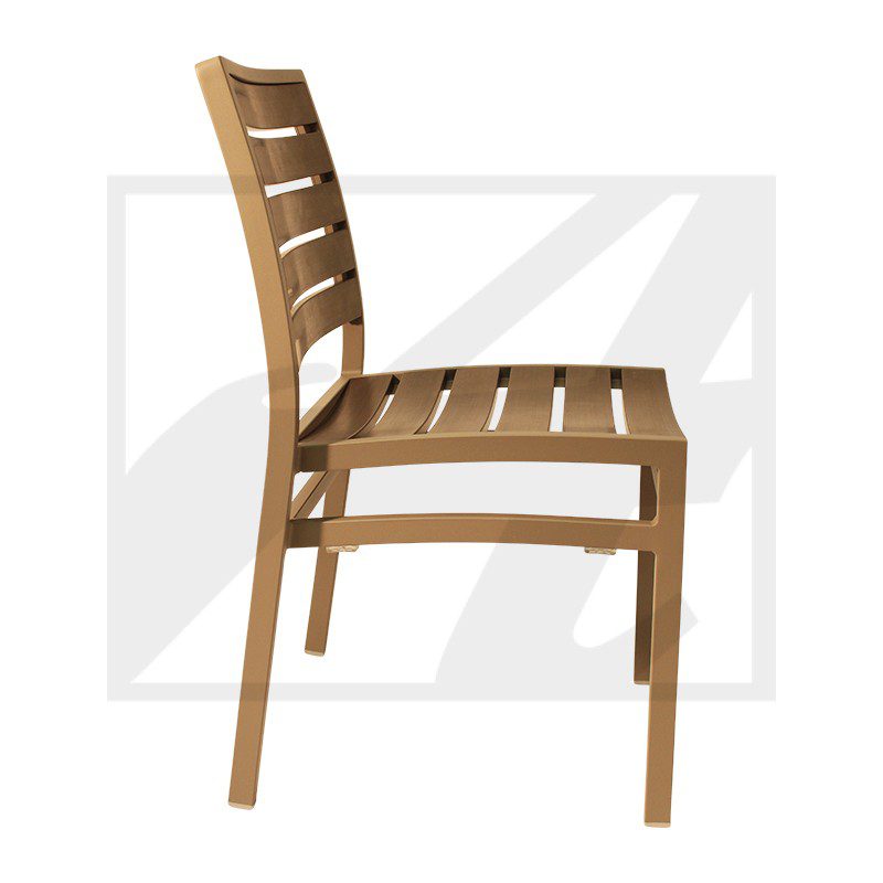 Side view of a wooden chair with a slatted backrest and seat.
