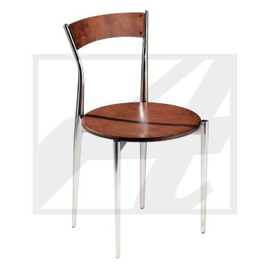 Modern chair with wooden seat and backrest, supported by metal legs.