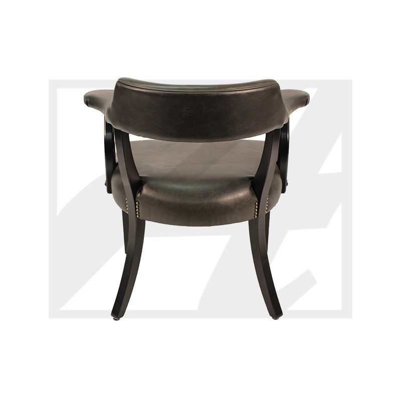 Dark wooden armchair with curved backrest and seat.