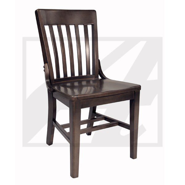 Dark wooden chair with vertical slats on the backrest.