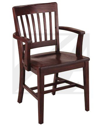 Classic wooden chair with armrests and vertical slats on the backrest.