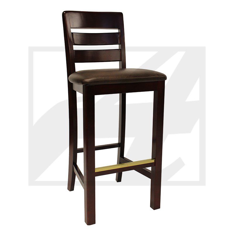 Dark wooden bar stool with a cushioned seat and ladder back design.