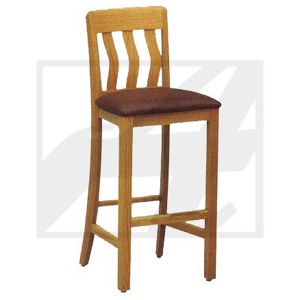 Wooden bar stool with a cushioned seat and slatted backrest.