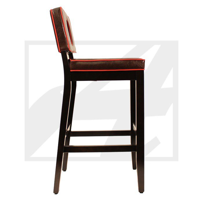 Side view of a tall bar stool with a cushioned seat and backrest.