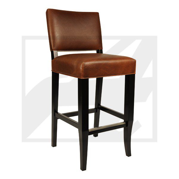 Brown leather bar stool with dark wooden legs.