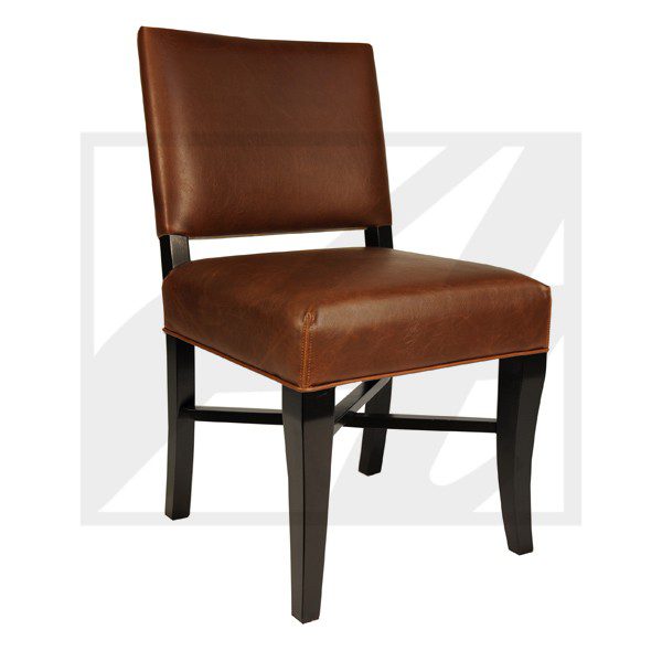 Brown upholstered dining chair with dark wooden legs.