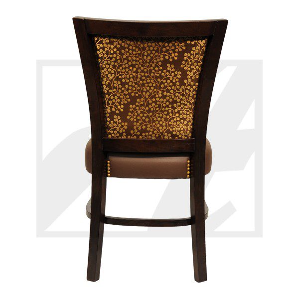 Wooden chair with leopard print backrest and cushioned seat.