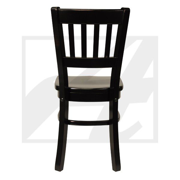 Black wooden chair with vertical slats and cushioned seat.