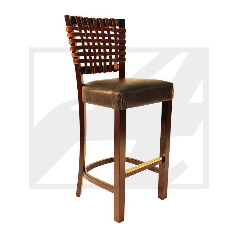 Wooden bar stool with woven backrest and cushioned seat.