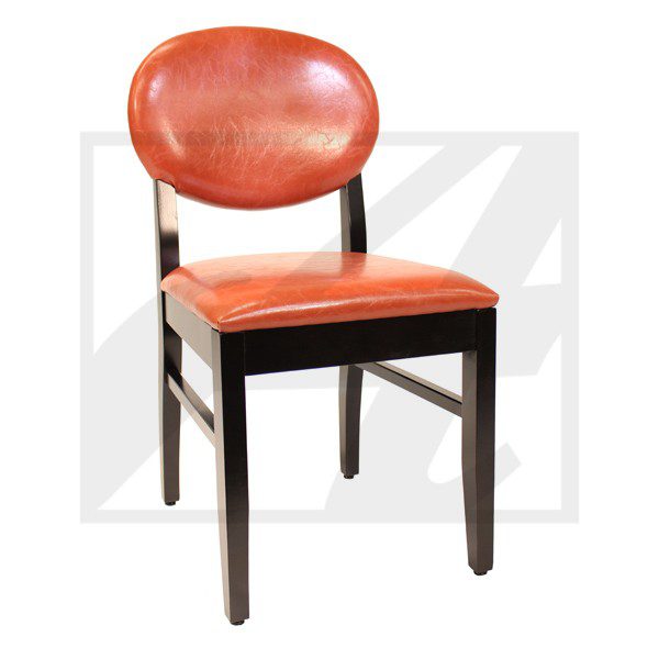 Wooden chair with red cushioned seat and backrest.