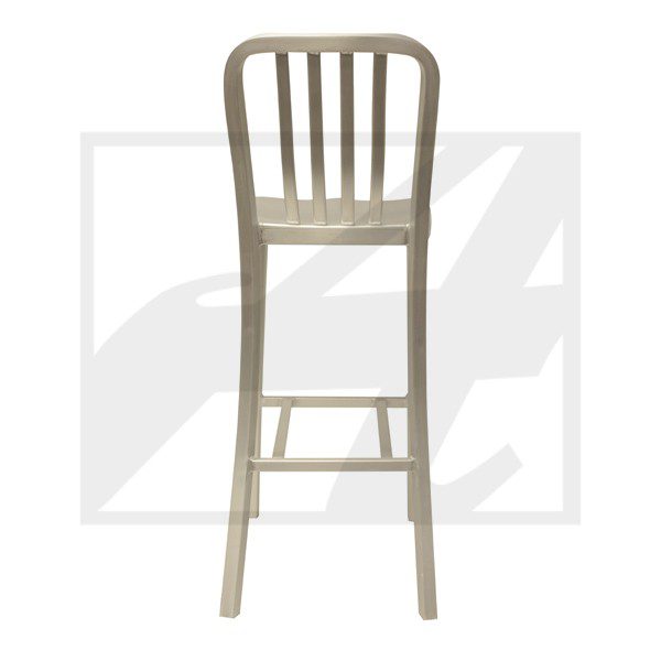 Minimalist wooden bar stool with a tall backrest.