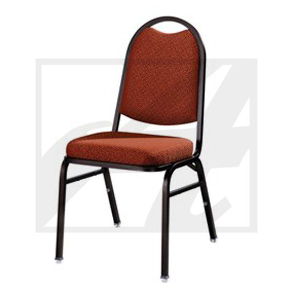 Red cushioned metal chair with black legs.