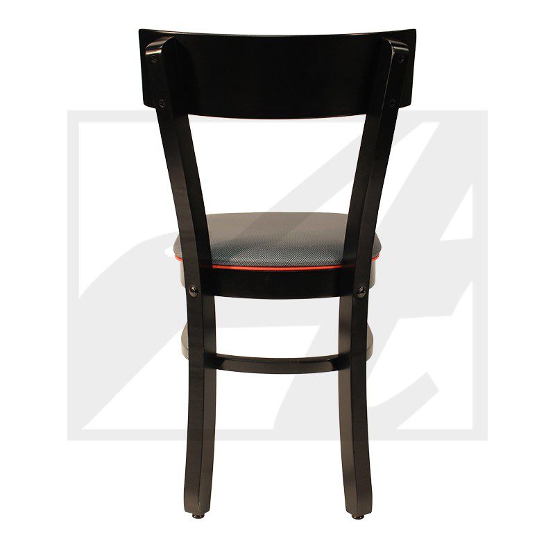 Black wooden chair with a red seat cushion.