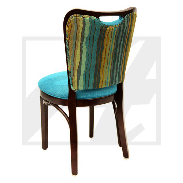 Elegant wooden chair with a vibrant, striped upholstered back and teal seat cushion.