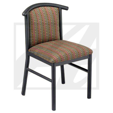 A cushioned chair with a patterned fabric and black frame.