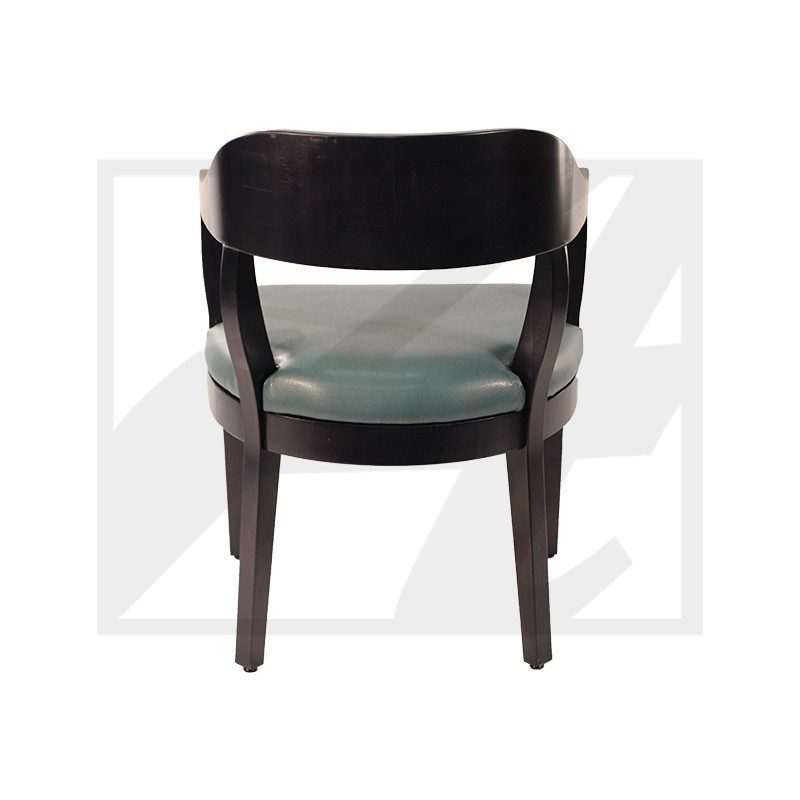 Dark wooden chair with curved backrest and cushioned seat.