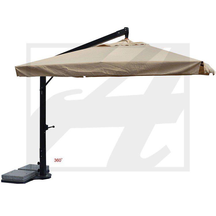 Modern cantilever patio umbrella with beige canopy and black stand.