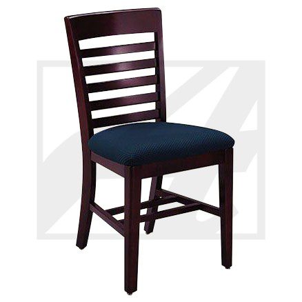 Dark wooden chair with a cushioned navy seat and ladder back design.