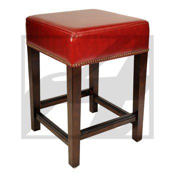 Square wooden stool with red cushioned seat.