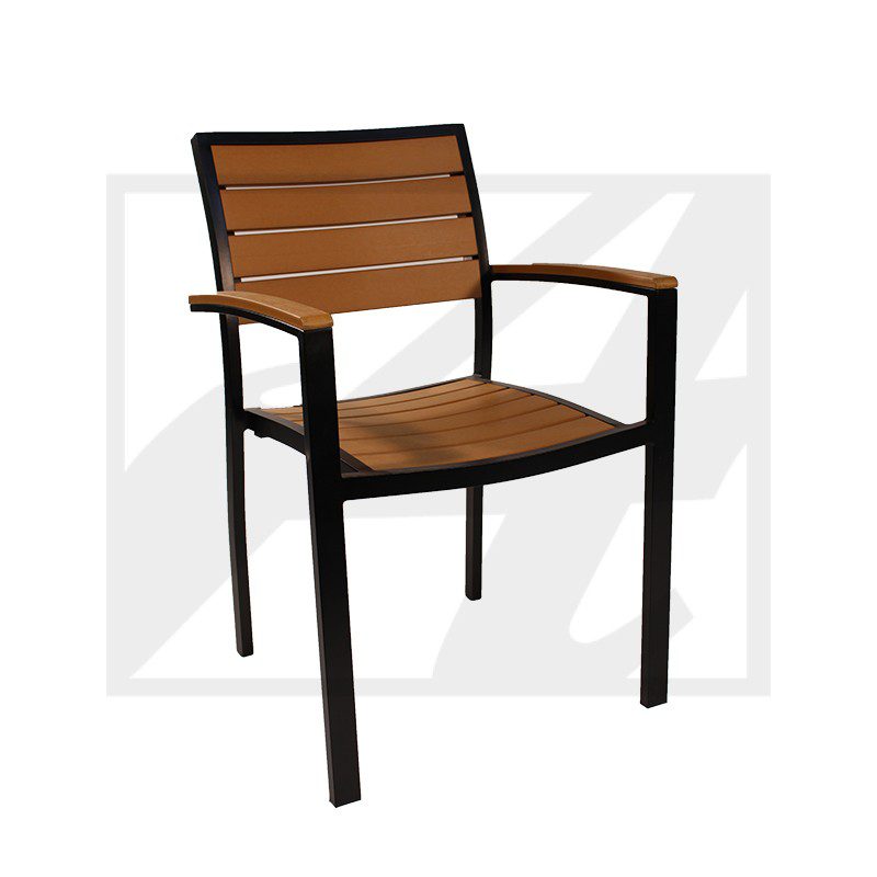 Modern chair with wooden seat and backrest, black metal frame.