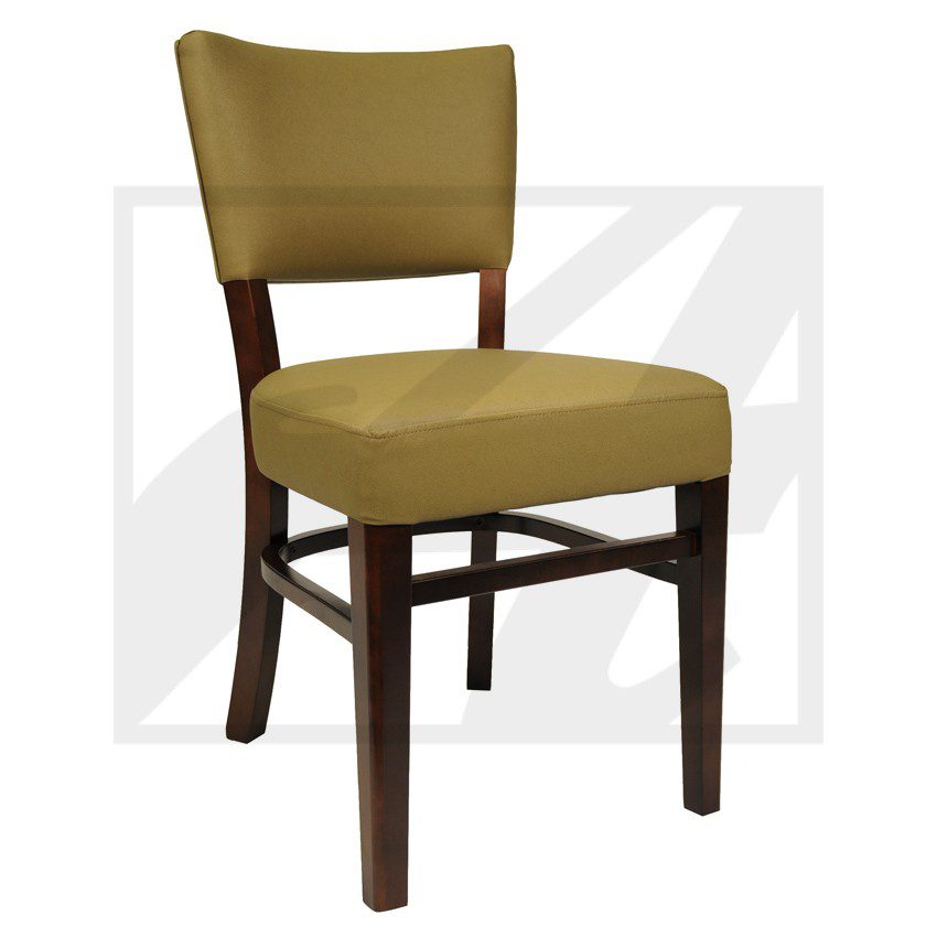 Wooden chair with olive-green cushioned seat and backrest.