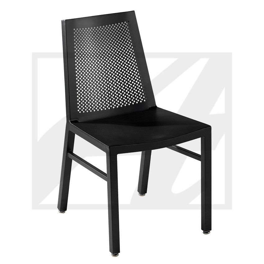 Black woven rattan dining chair with wooden frame.