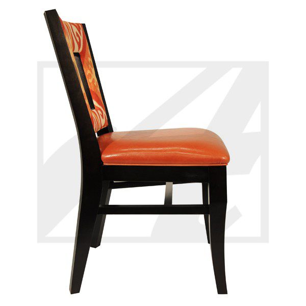 Elegant wooden chair with orange cushioned seat and backrest.