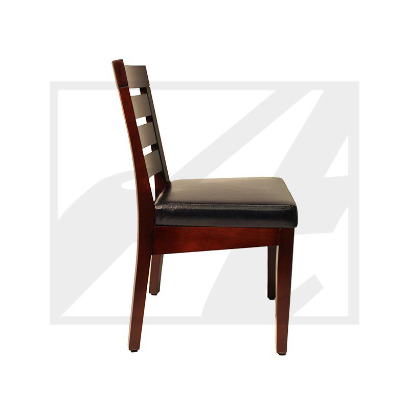 Side view of a wooden chair with cushioned seat and backrest.
