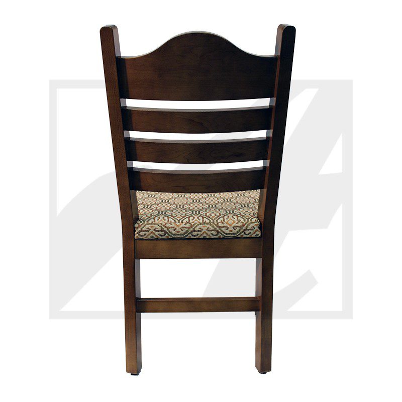 Wooden chair with a woven seat and ladder-back design.