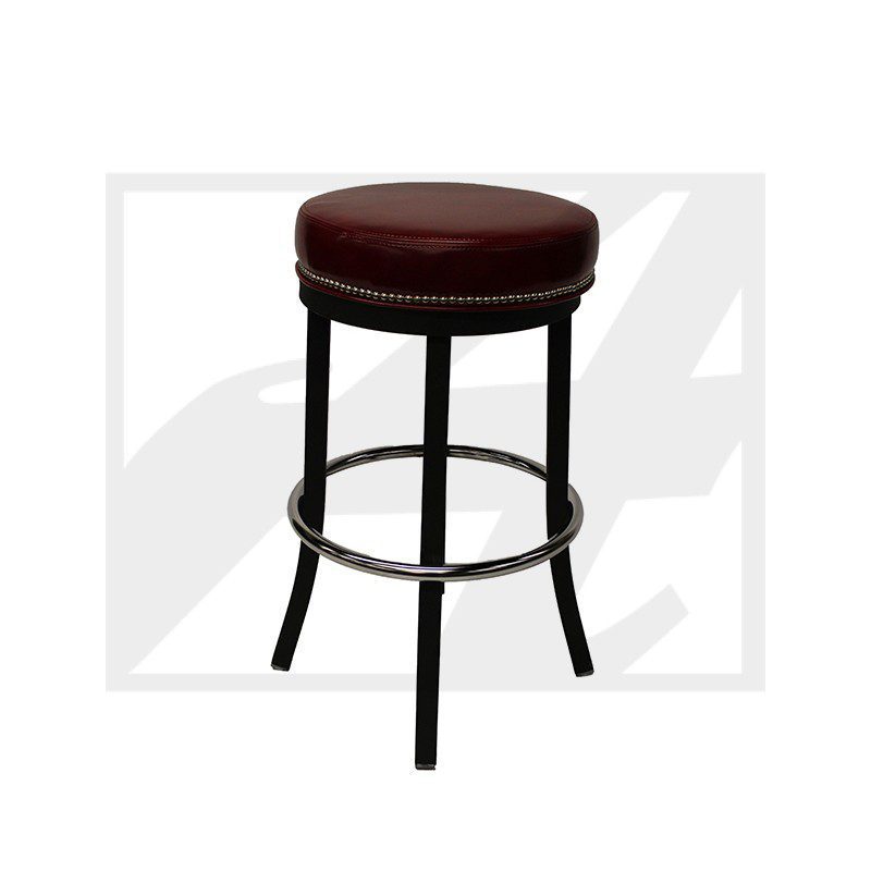 Round bar stool with black legs and burgundy cushion.