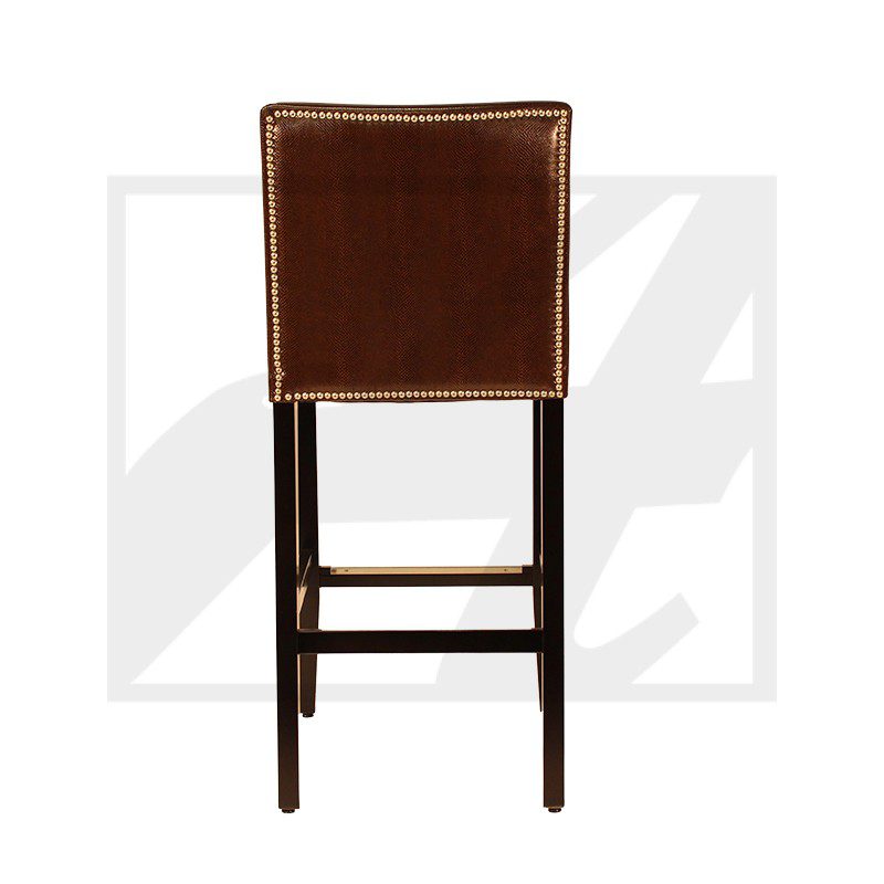 Tall brown leather bar stool with dark wooden legs.